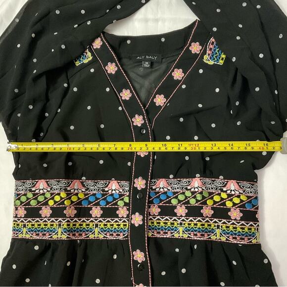 Aly Daly Black Polka Dot Embroidered Boho Peasant Sheer Lined Dress M Cottage - Picture 7 of 13